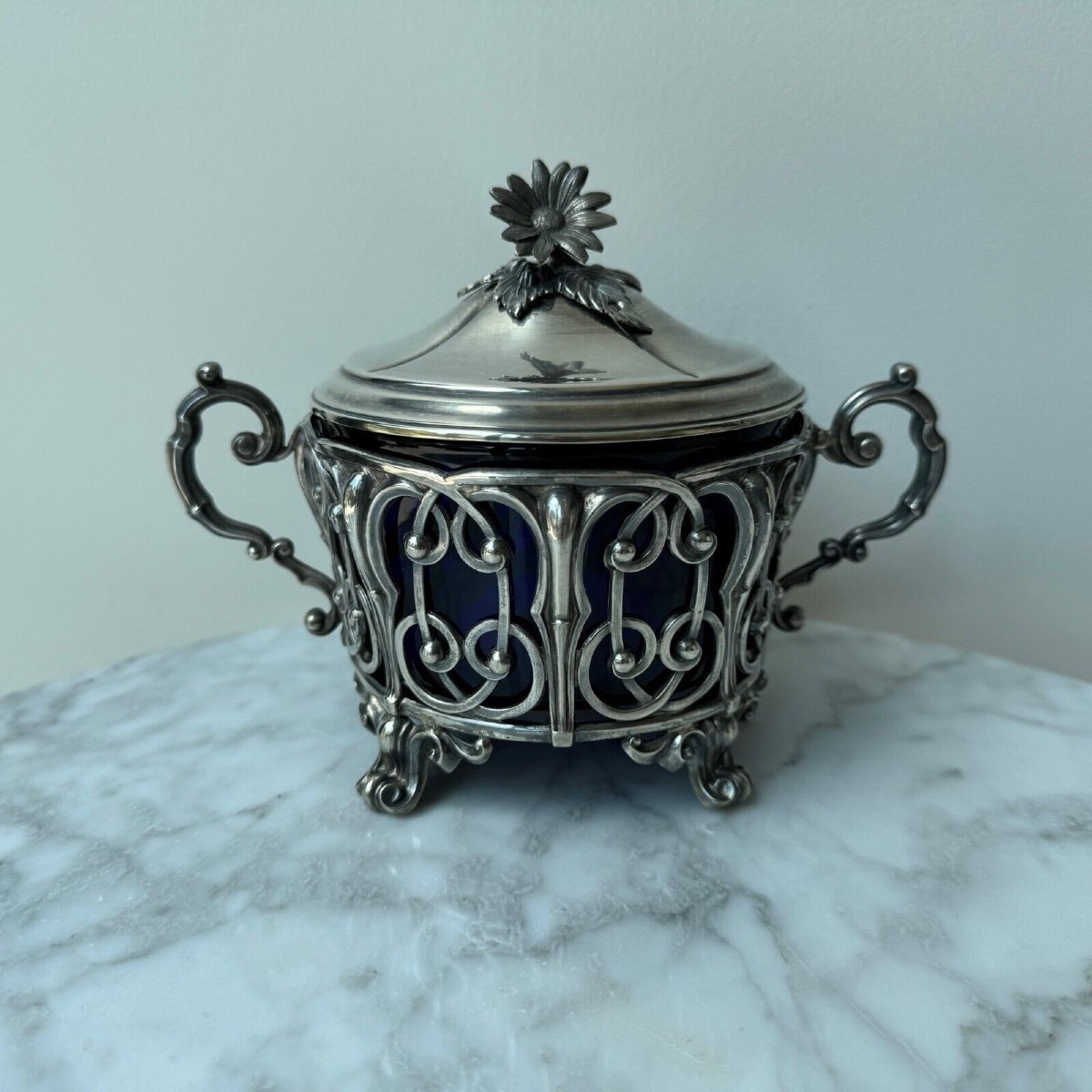 Solid Silver Sugar Bowl, Minerva Hallmark, Late 19th Century-photo-2