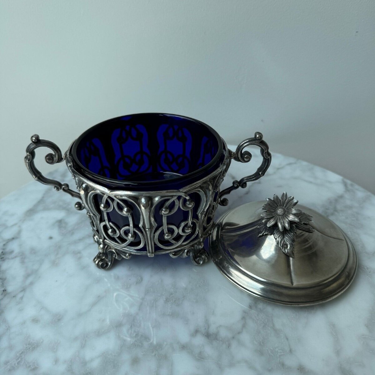 Solid Silver Sugar Bowl, Minerva Hallmark, Late 19th Century-photo-2