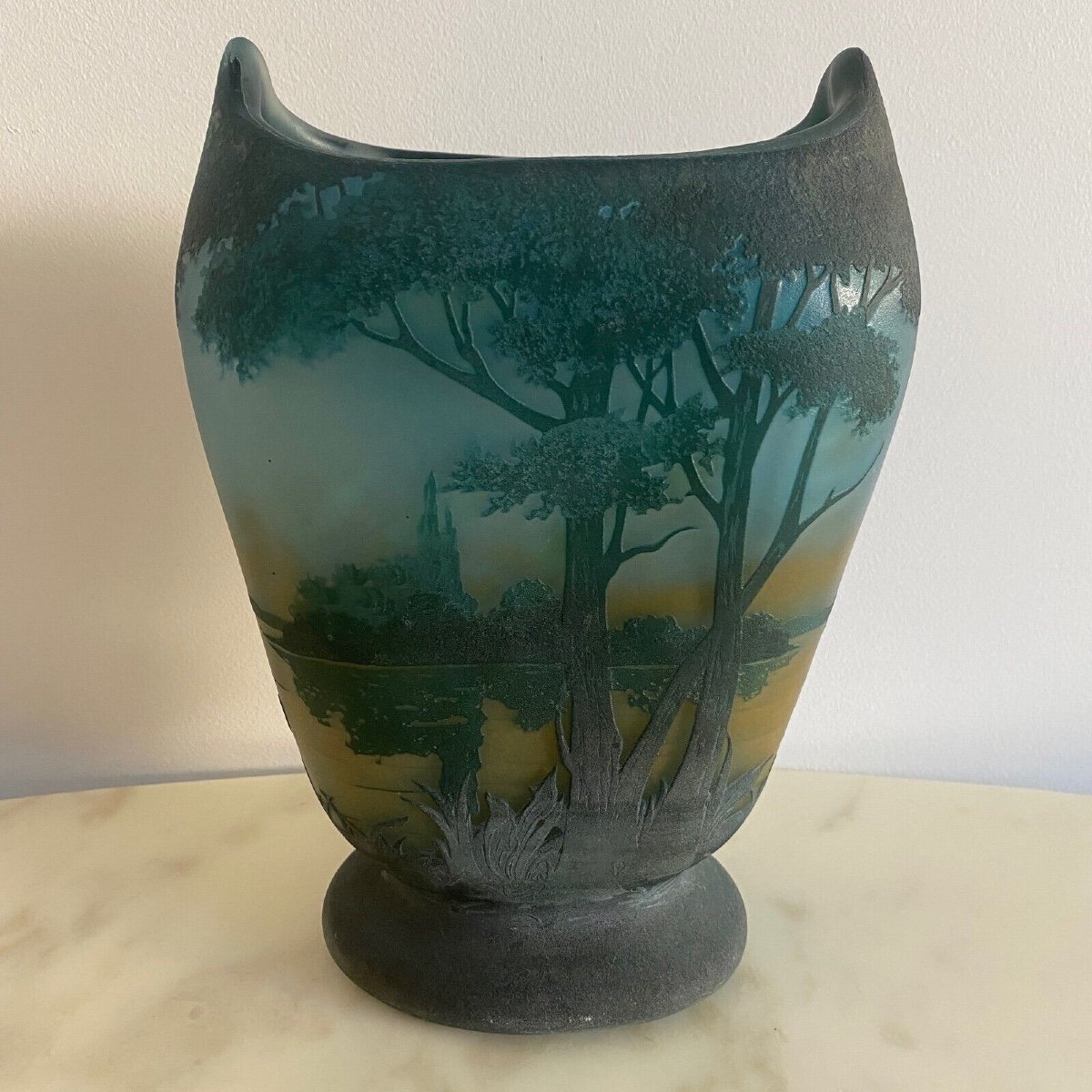 Daum Nancy Shower Pedestal Vase With Flattened Belly And Lake Decor