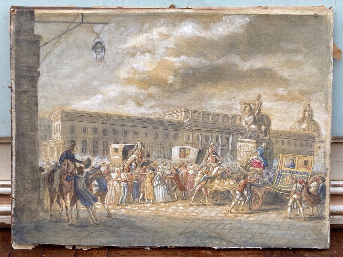 Aquarelle sur papier XIXe scène de rue avec diligences Paris mousquetaires-photo-2