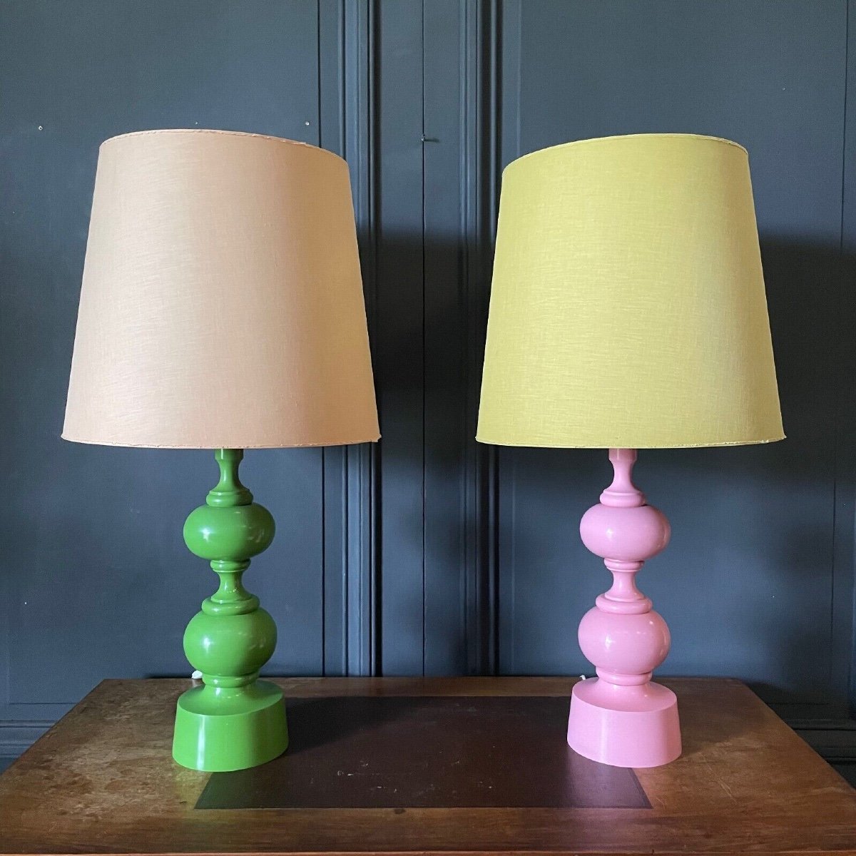 Paire de lampes rose et verte 1970 abat-jour d'origine design français-photo-2