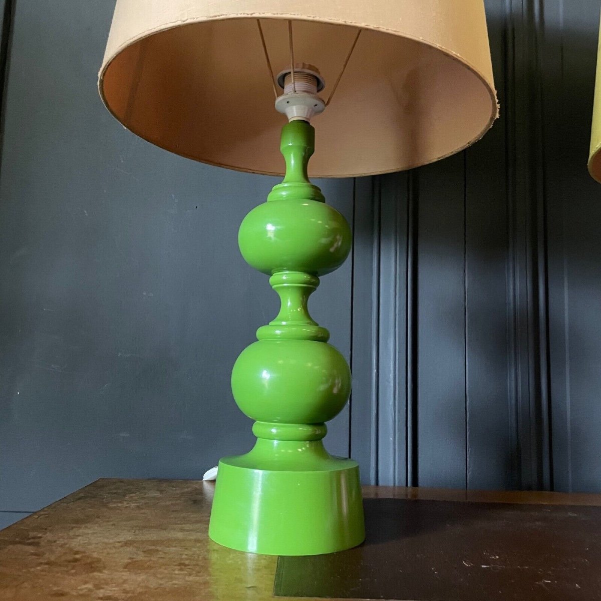 Paire de lampes rose et verte 1970 abat-jour d'origine design français-photo-4