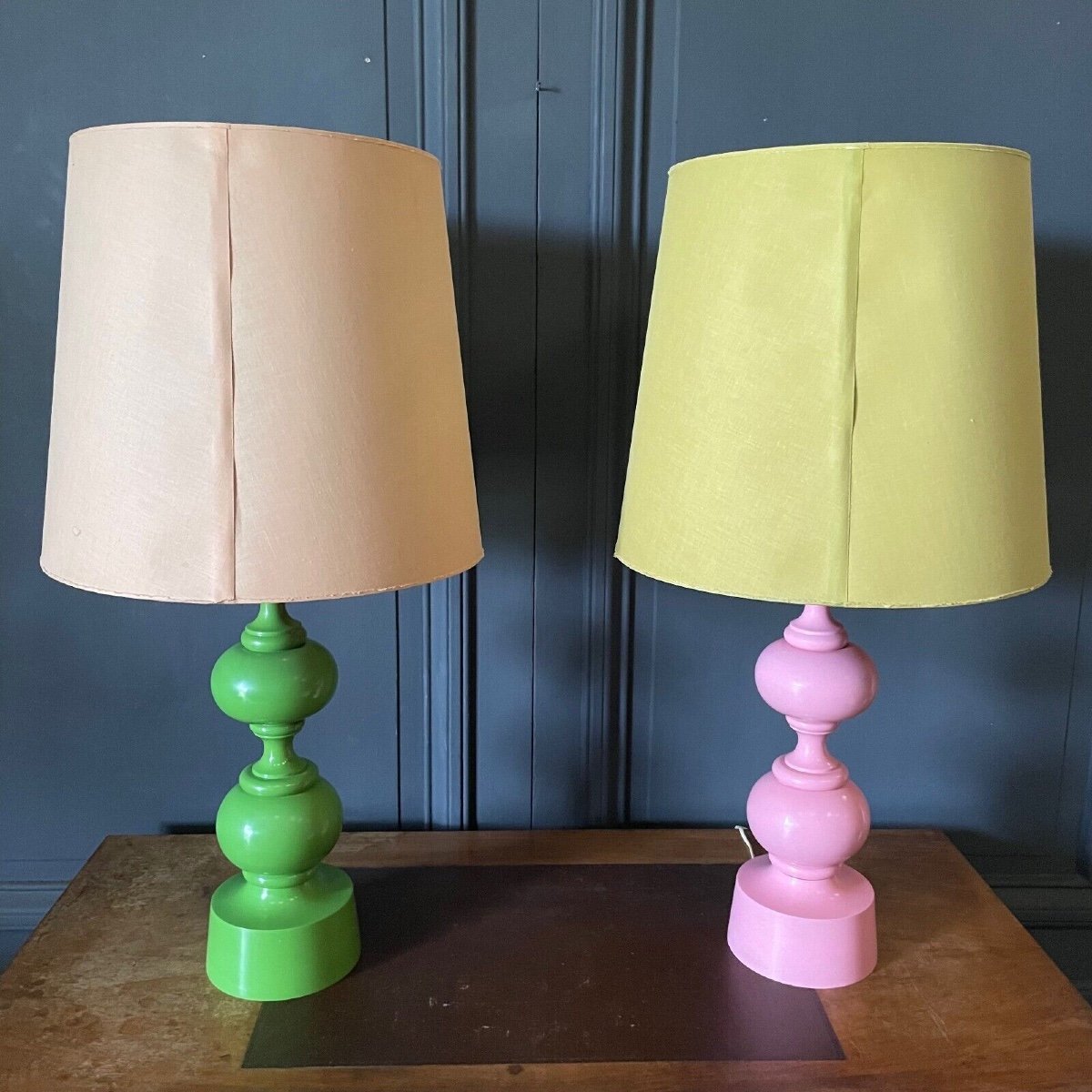 Paire de lampes rose et verte 1970 abat-jour d'origine design français-photo-2