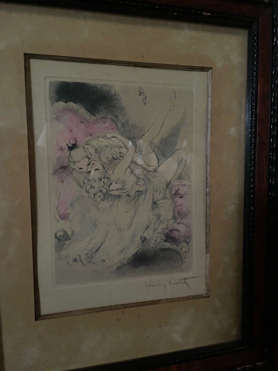 Lithograph By Louis Icart Representing An Erotic Couple 20th Century