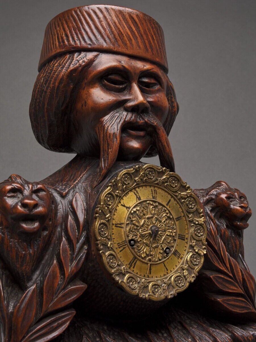 Richly Ornamented Carved Wooden Clock 19th Century Chinese Sage-photo-7