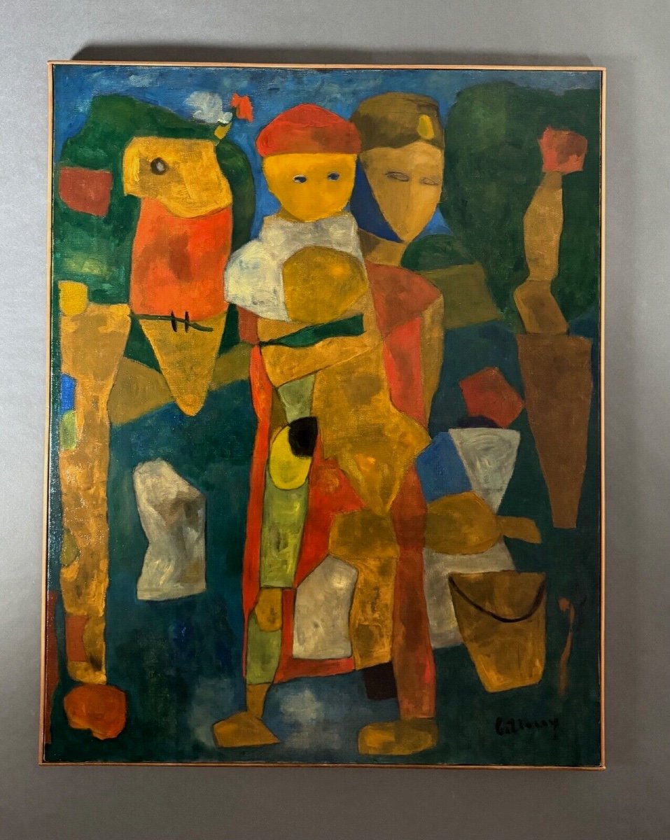 Huile sur toile par Jean Billecocq composition moderne avec personnages