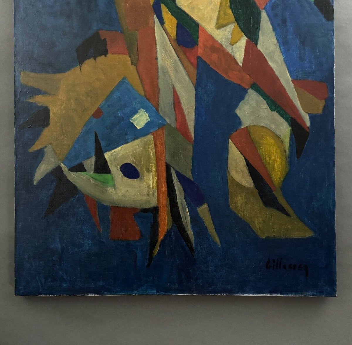 Oil On Canvas By Jean Billecocq Modern Composition With Roosters 1960-photo-4