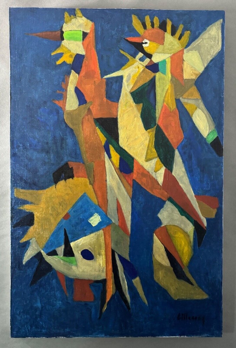 Oil On Canvas By Jean Billecocq Modern Composition With Roosters 1960