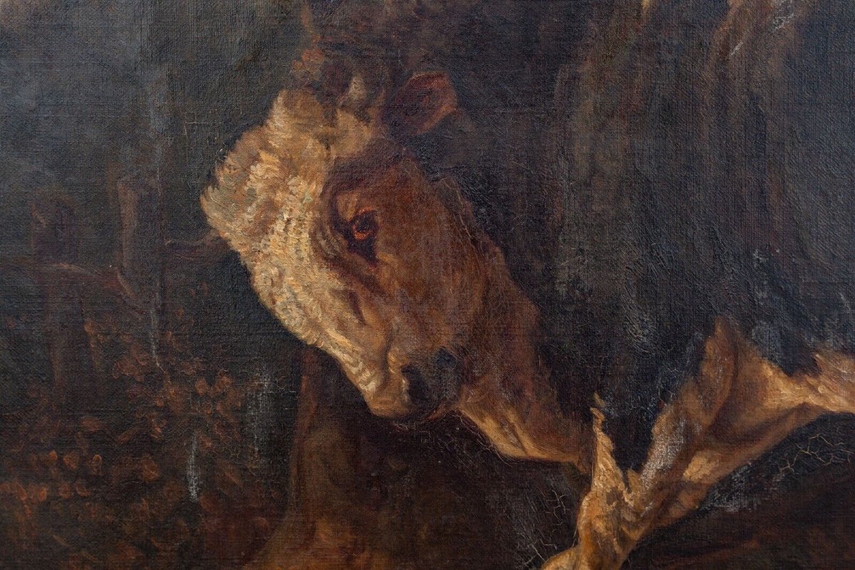 Oil On Canvas Bull Rubbing Against A Tree After Brascassat-photo-3