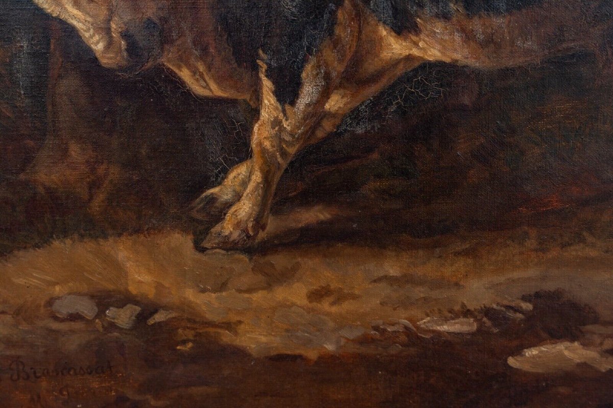 Oil On Canvas Bull Rubbing Against A Tree After Brascassat-photo-4