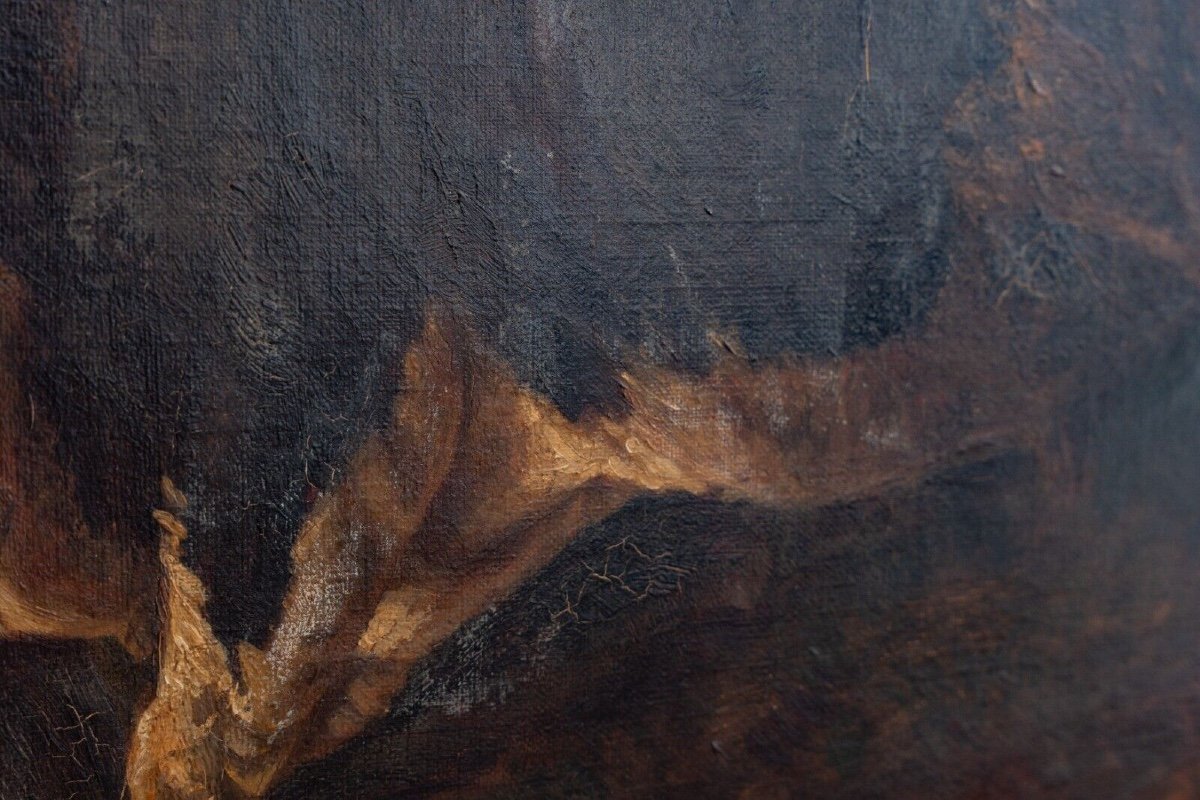 Oil On Canvas Bull Rubbing Against A Tree After Brascassat-photo-3