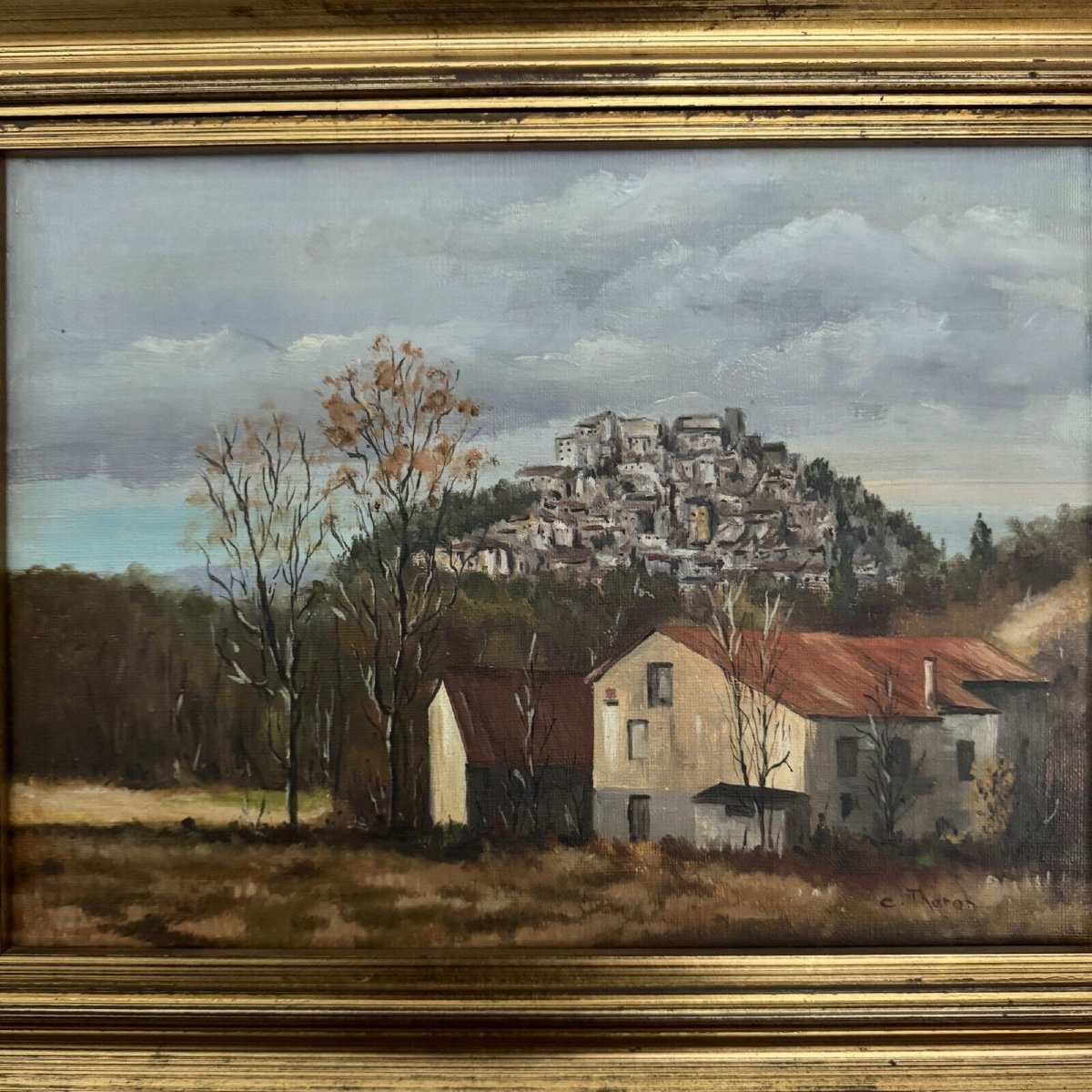 Oil On Canvas By C. Theron Cordes-sur-ciel Tarn 1991-photo-2