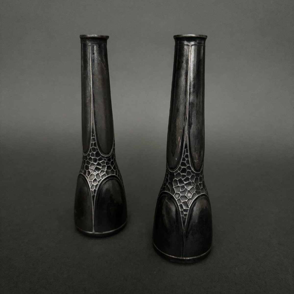 Pair Of Art Nouveau Vases In Silver Plated Metal 1900 By Orivit