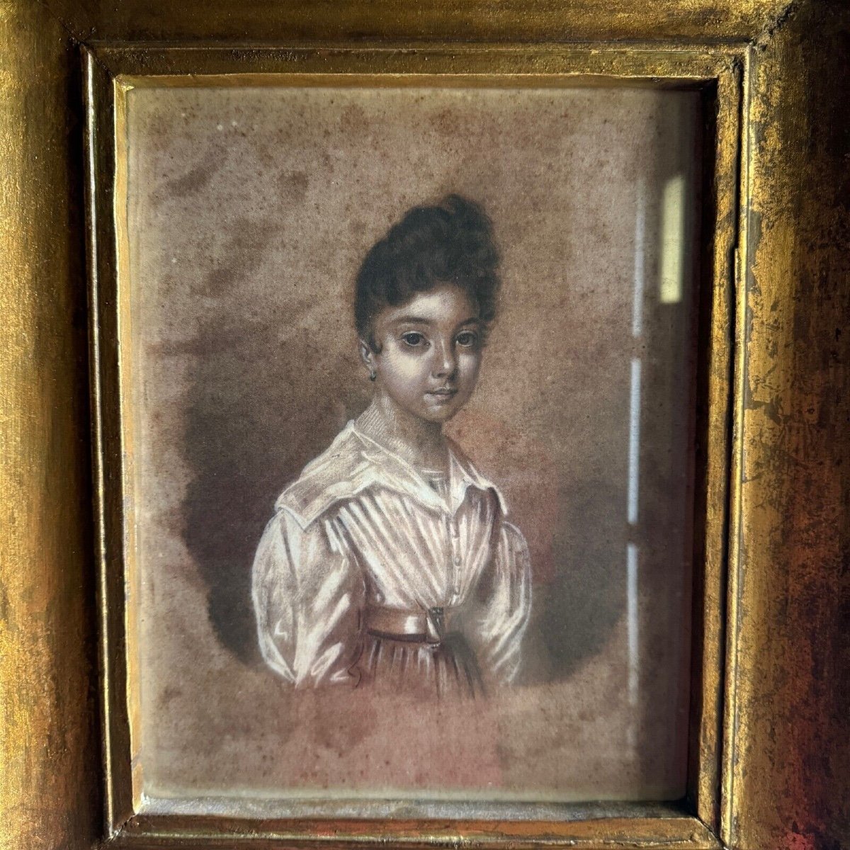 Early 19th Century Drawing Representing A Young Girl In A Gilded Frame-photo-2