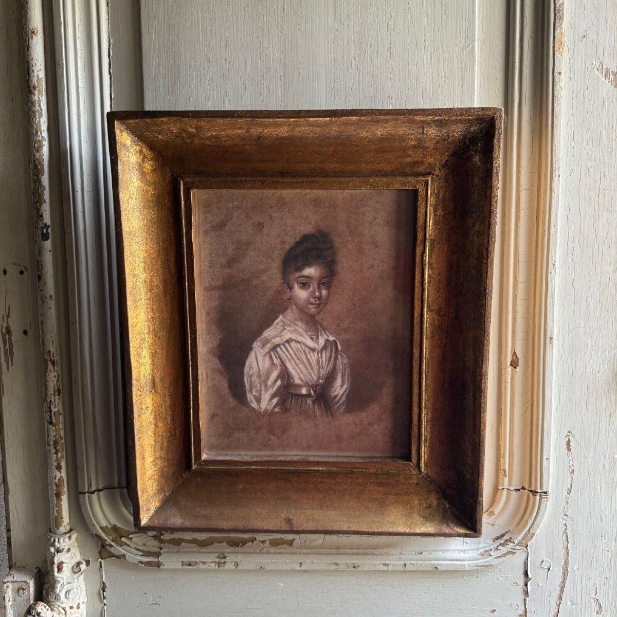 Early 19th Century Drawing Representing A Young Girl In A Gilded Frame