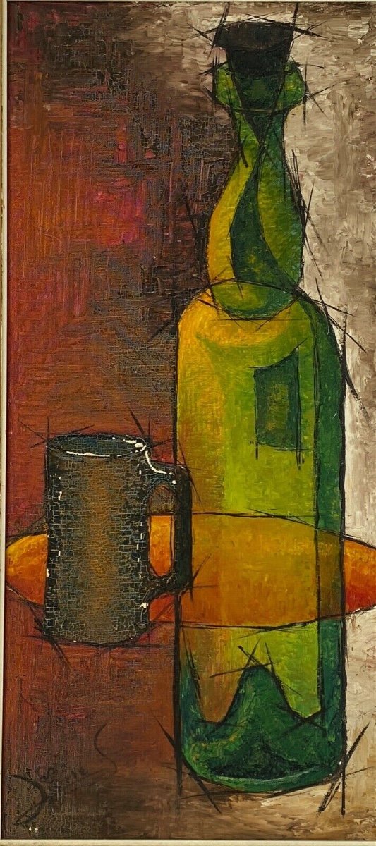 Oil On Panel Composition Signed Lione S. Bottle 1960-photo-2