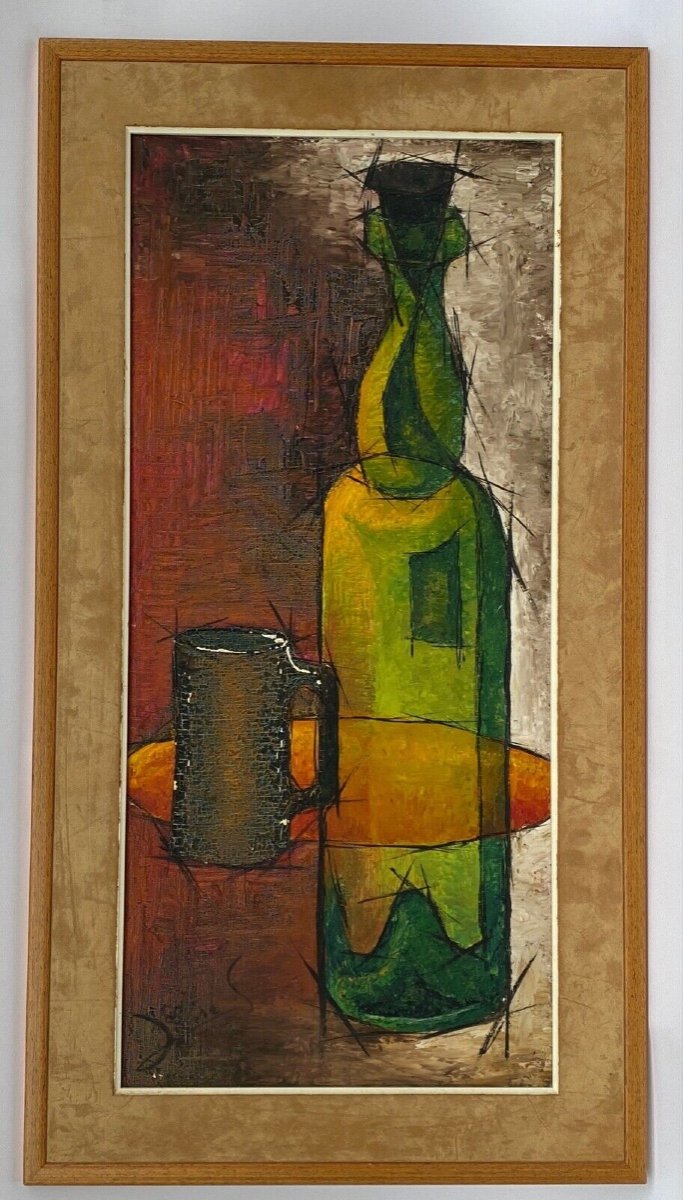 Oil On Panel Composition Signed Lione S. Bottle 1960