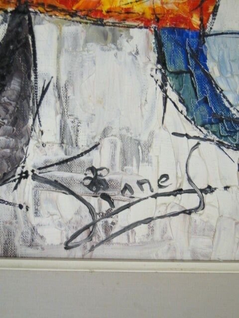 Huile sur toile composition abstraite 1960 signée Dinness -photo-3