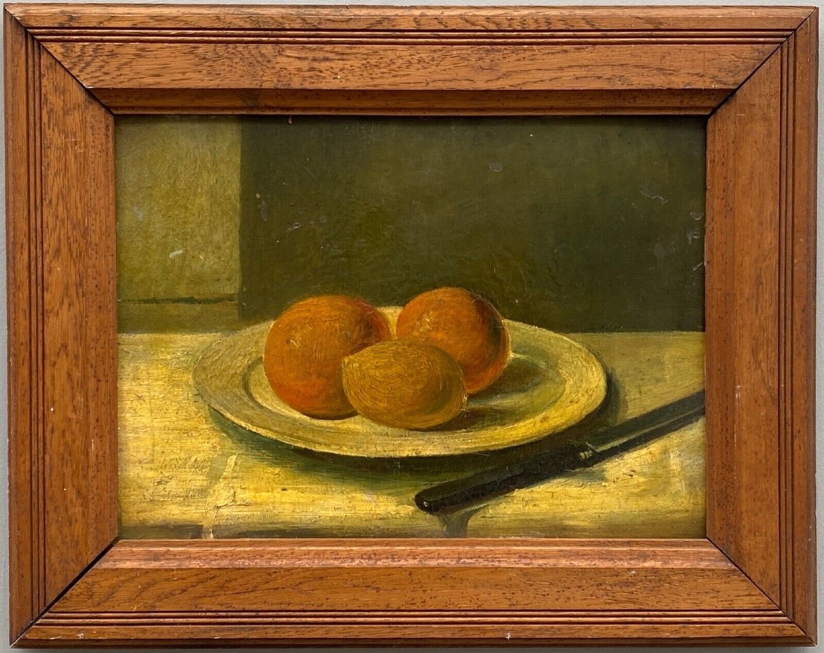 Oil On Cardboard Still Life With Fruits 20th Century