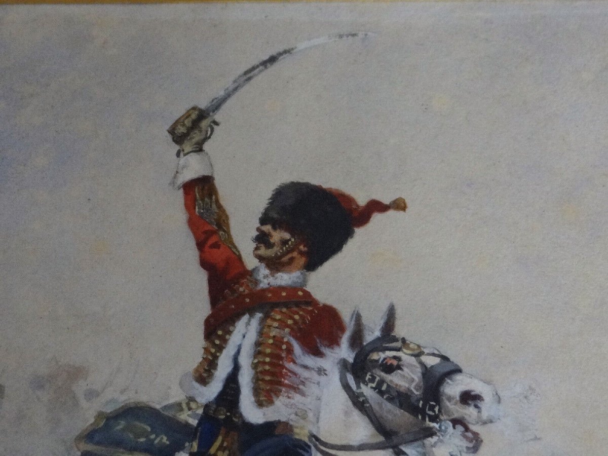 Watercolor Painting Of A Hussar From The 1870 War By Charles Gare To Be Identified 1908-photo-3