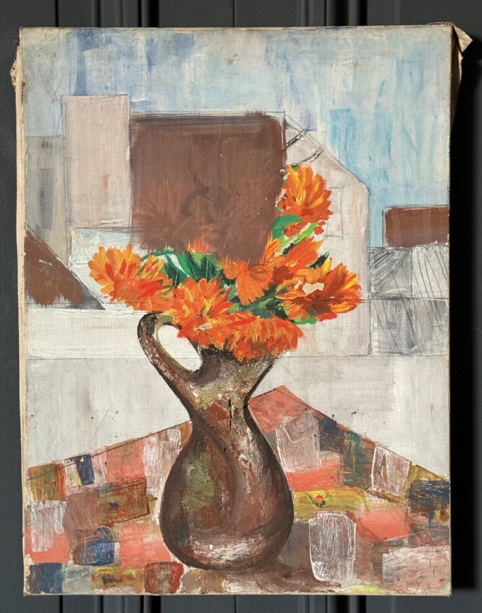 Huile sur toile nature morte bouquet de fleurs milieu XXe-photo-2