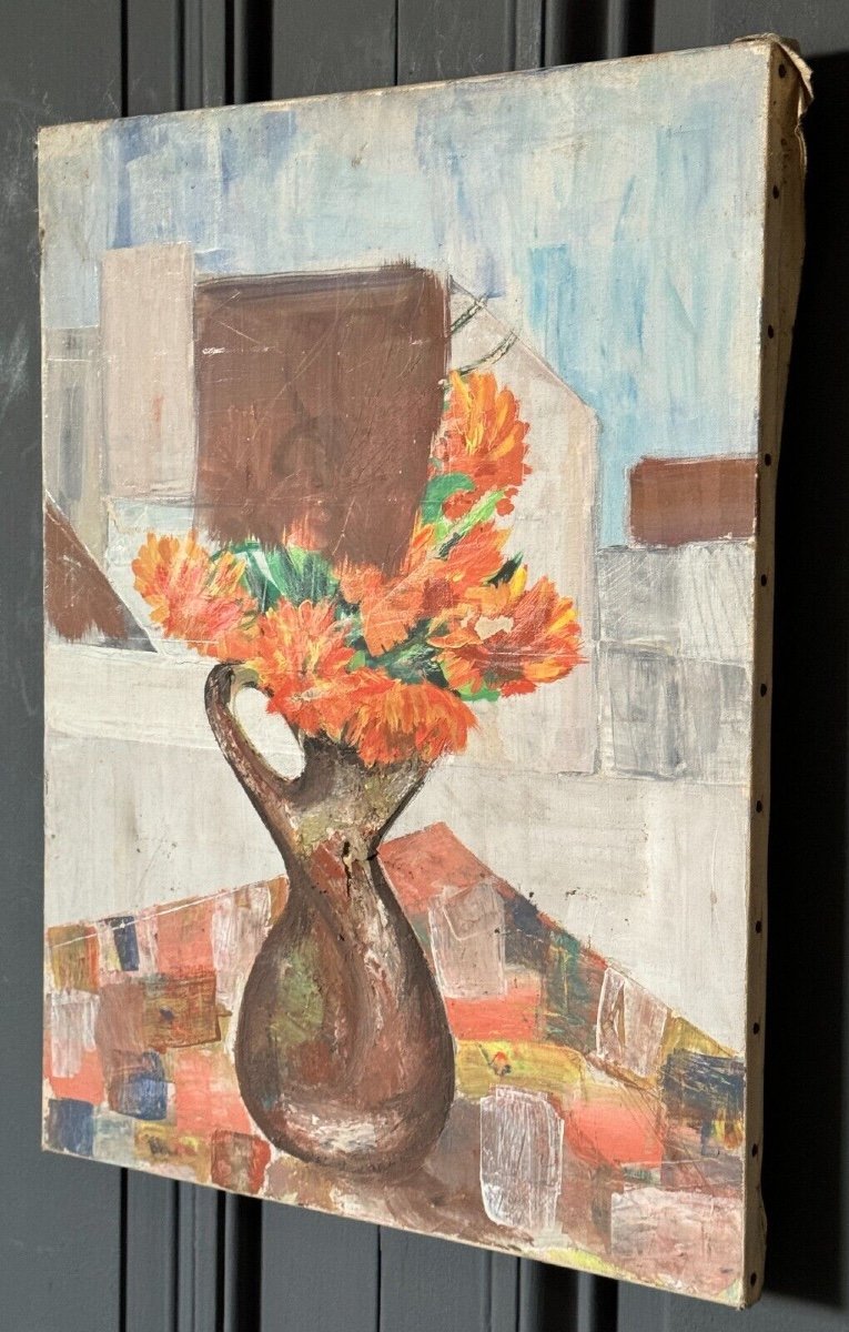 Huile sur toile nature morte bouquet de fleurs milieu XXe-photo-1