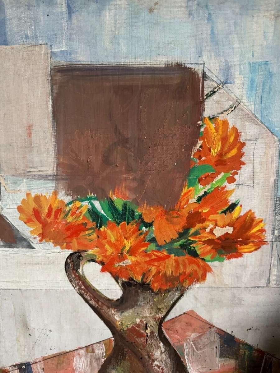 Huile sur toile nature morte bouquet de fleurs milieu XXe-photo-3