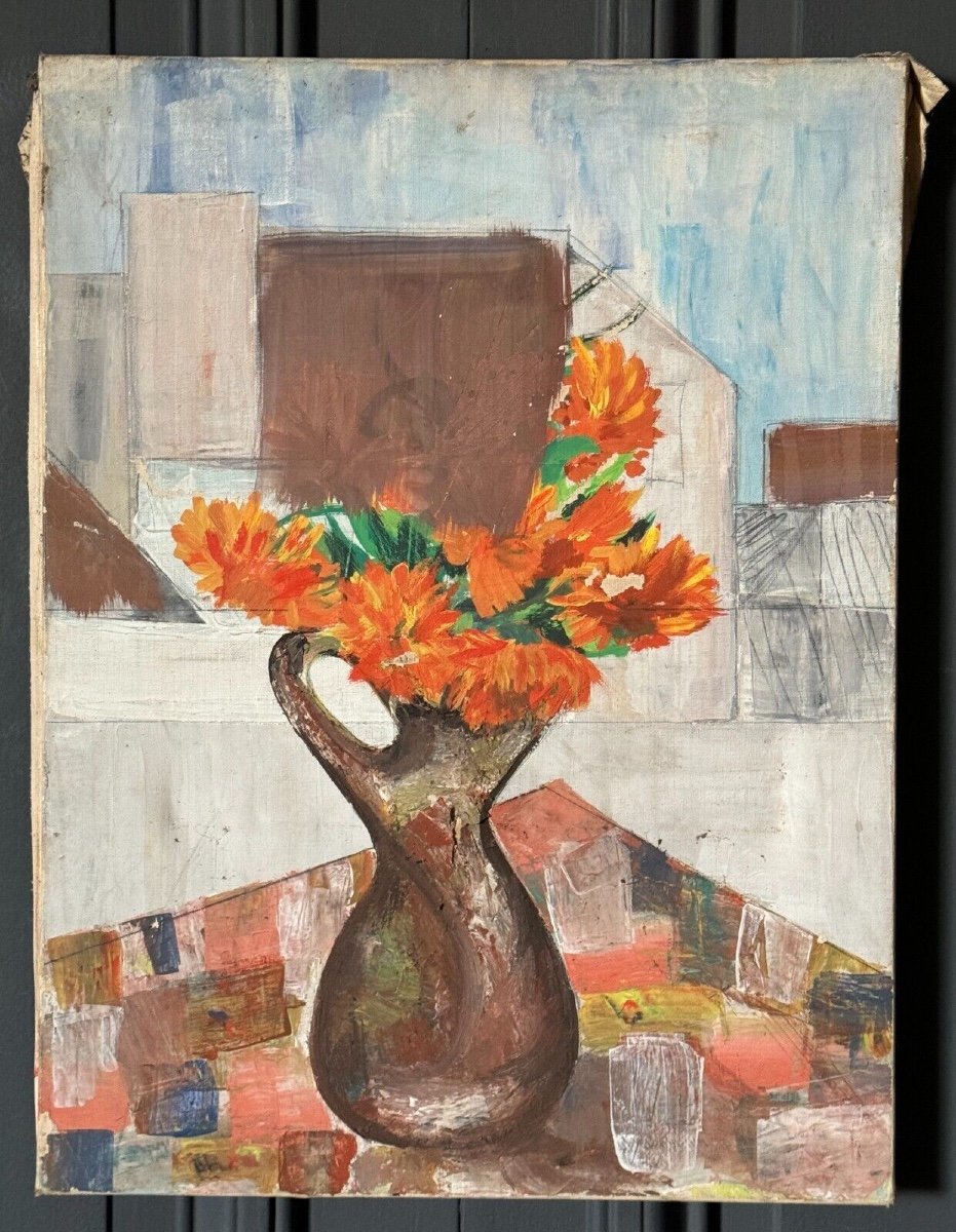 Huile sur toile nature morte bouquet de fleurs milieu XXe