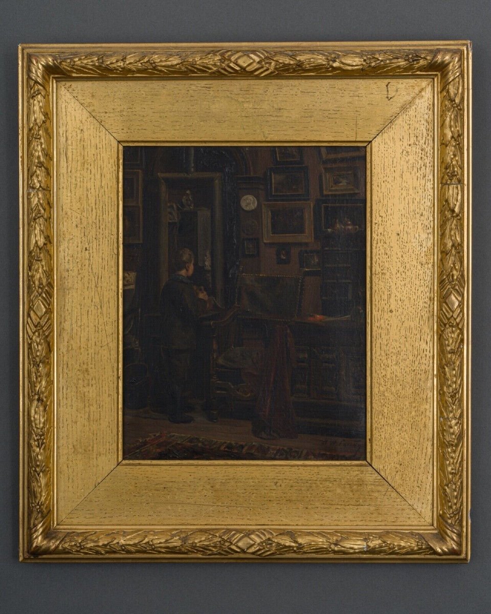 Oil On Canvas By Hw Cavatty Young Child In Front Of A 19th Century Portrait