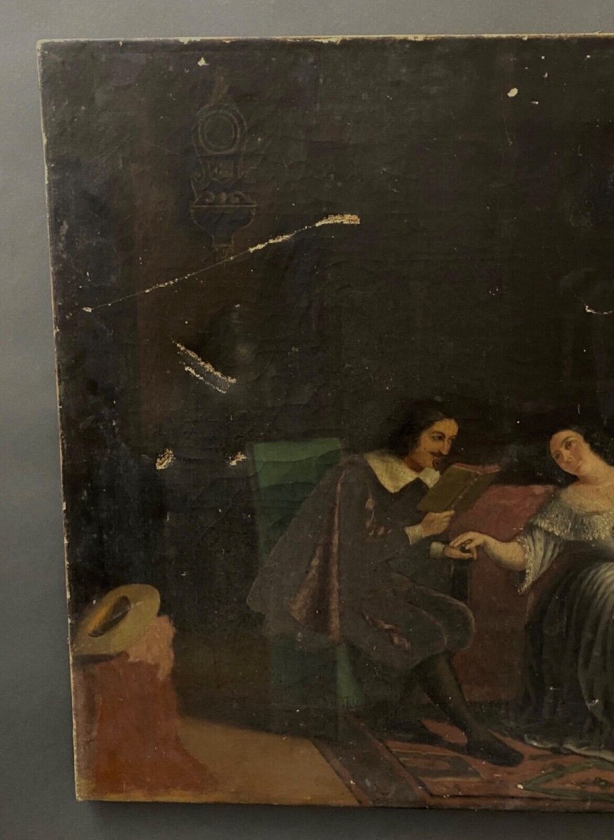 Huile sur toile scène d'intérieur XVIIe époque XIXe couple de courtisans-photo-2