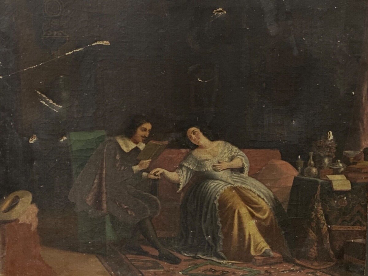 Huile sur toile scène d'intérieur XVIIe époque XIXe couple de courtisans-photo-3