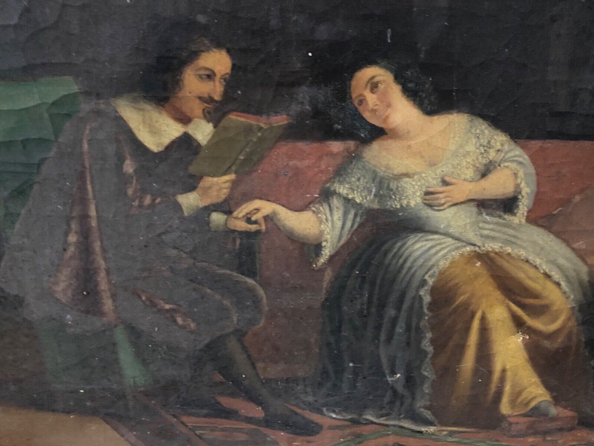 Huile sur toile scène d'intérieur XVIIe époque XIXe couple de courtisans-photo-4