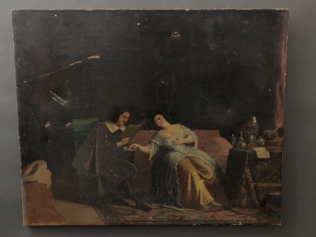 Huile sur toile scène d'intérieur XVIIe époque XIXe couple de courtisans