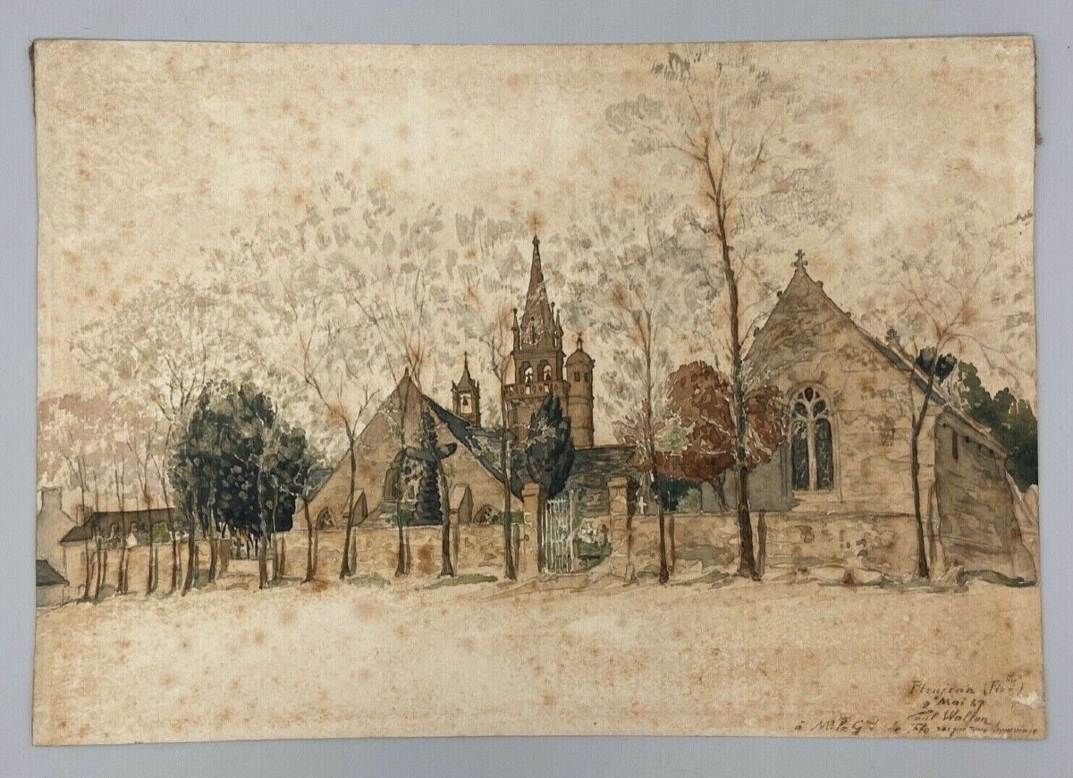 Watercolor On Paper By Paul Wallon Church Cemetery Ploujean May 2, 87-photo-2