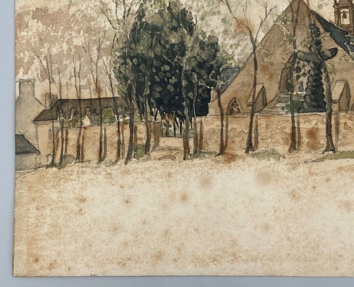 Watercolor On Paper By Paul Wallon Church Cemetery Ploujean May 2, 87-photo-2