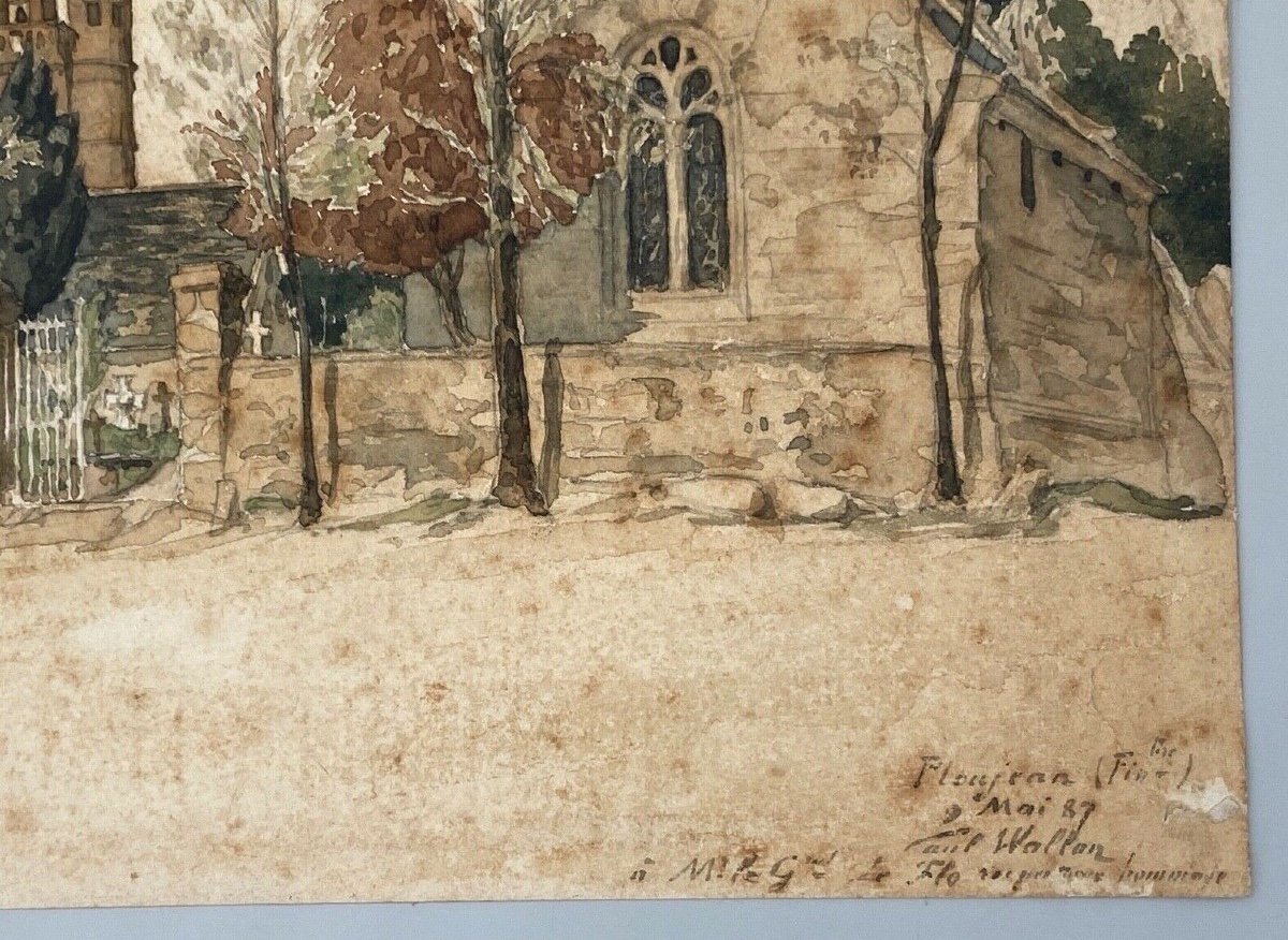 Watercolor On Paper By Paul Wallon Church Cemetery Ploujean May 2, 87-photo-3