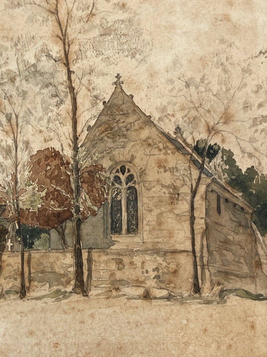 Watercolor On Paper By Paul Wallon Church Cemetery Ploujean May 2, 87-photo-4