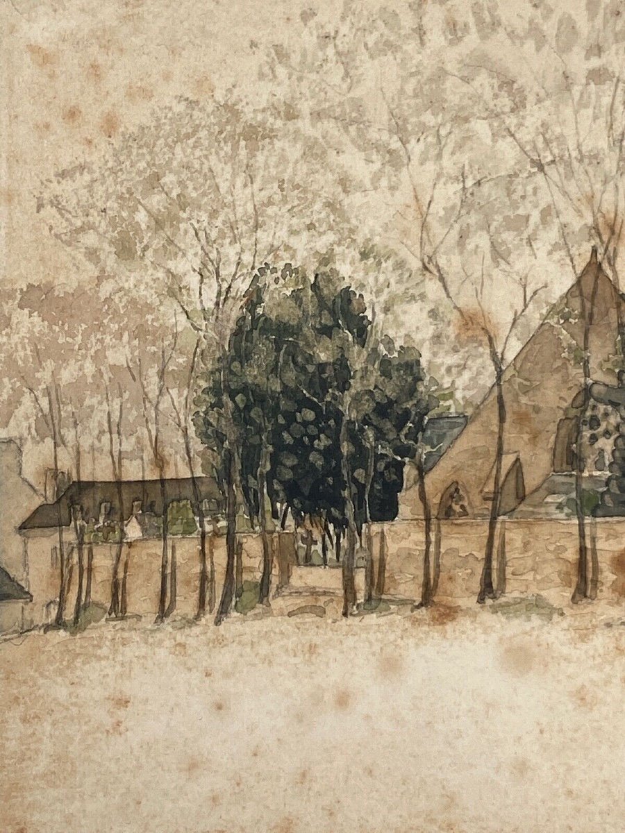 Watercolor On Paper By Paul Wallon Church Cemetery Ploujean May 2, 87-photo-6