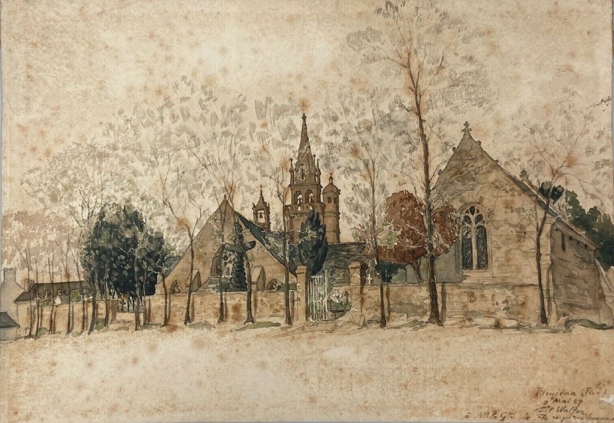 Watercolor On Paper By Paul Wallon Church Cemetery Ploujean May 2, 87