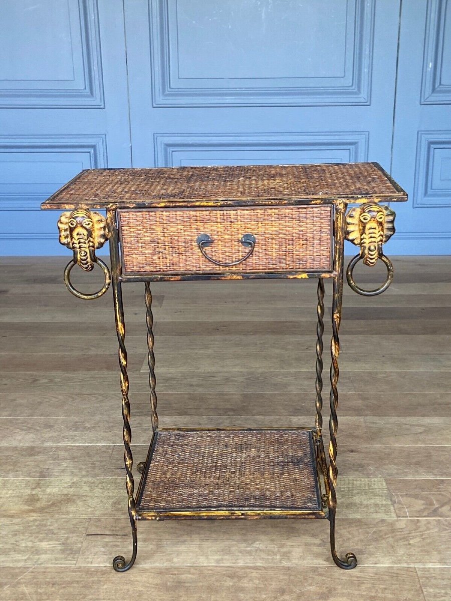 Small Rattan And Gilded Metal Piece Of Furniture With Elephant Decor, 1970, One Drawer-photo-2