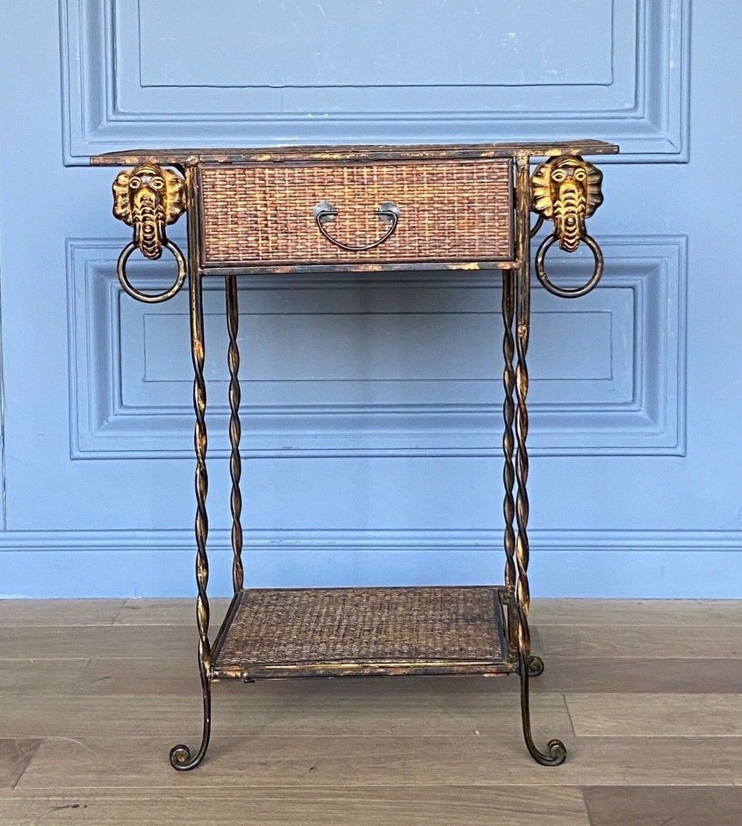 Small Rattan And Gilded Metal Piece Of Furniture With Elephant Decor, 1970, One Drawer-photo-3