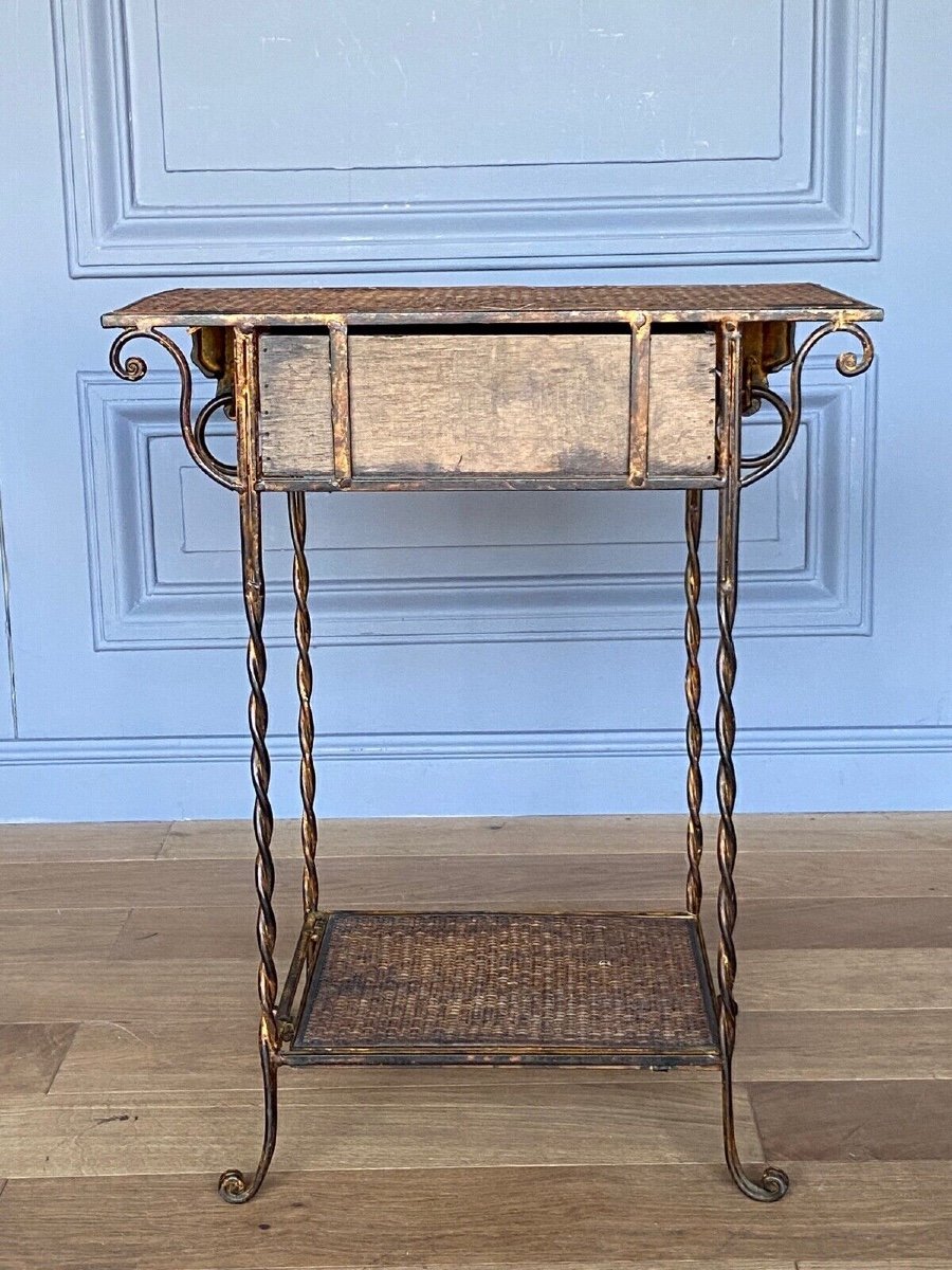 Small Rattan And Gilded Metal Piece Of Furniture With Elephant Decor, 1970, One Drawer-photo-4