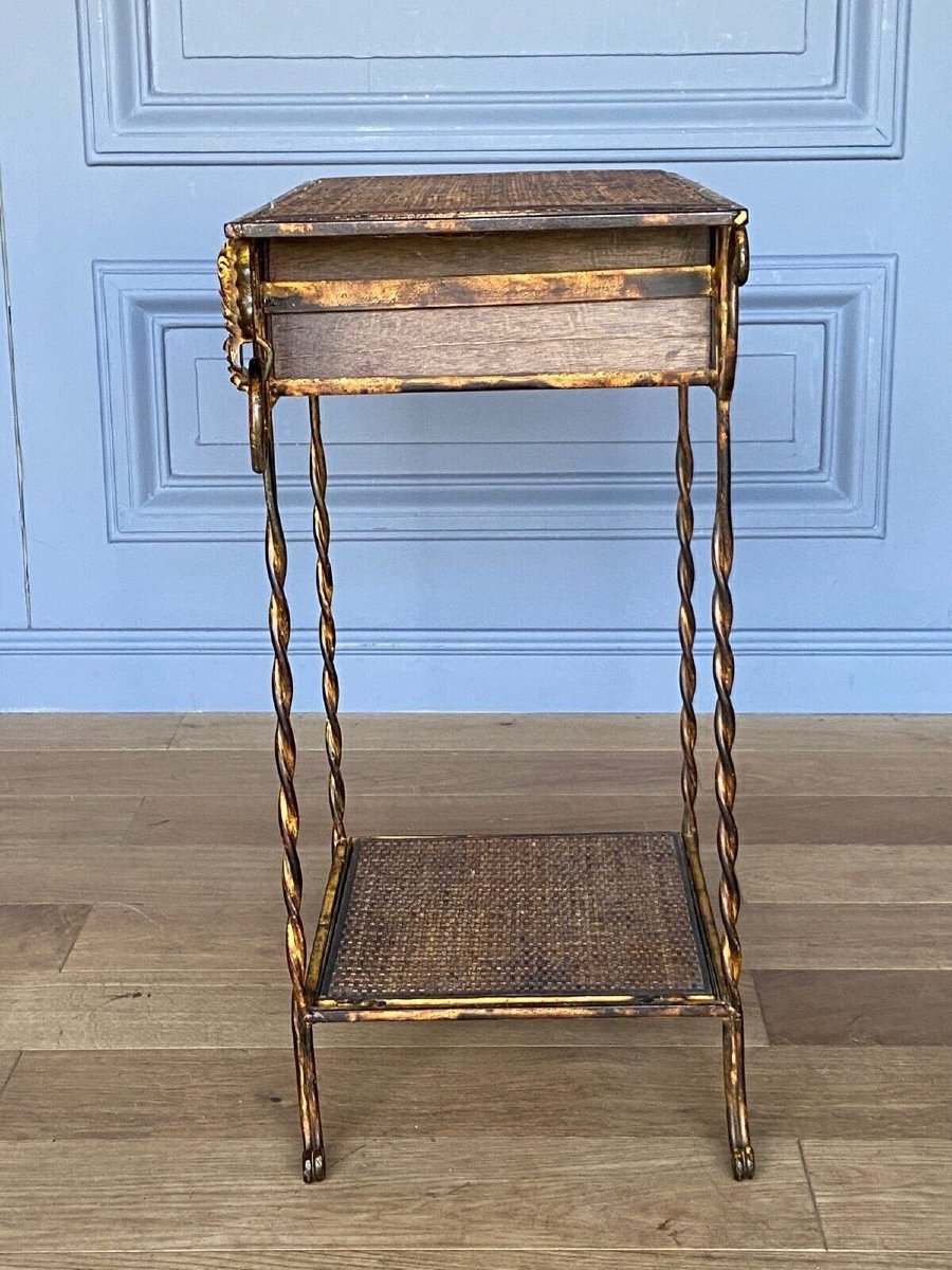 Small Rattan And Gilded Metal Piece Of Furniture With Elephant Decor, 1970, One Drawer-photo-1