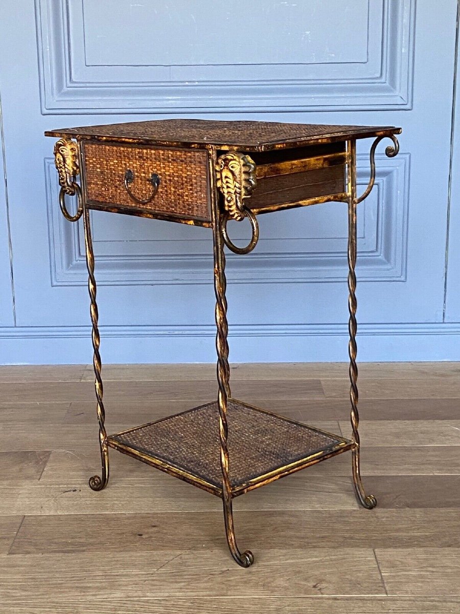 Small Rattan And Gilded Metal Piece Of Furniture With Elephant Decor, 1970, One Drawer-photo-2