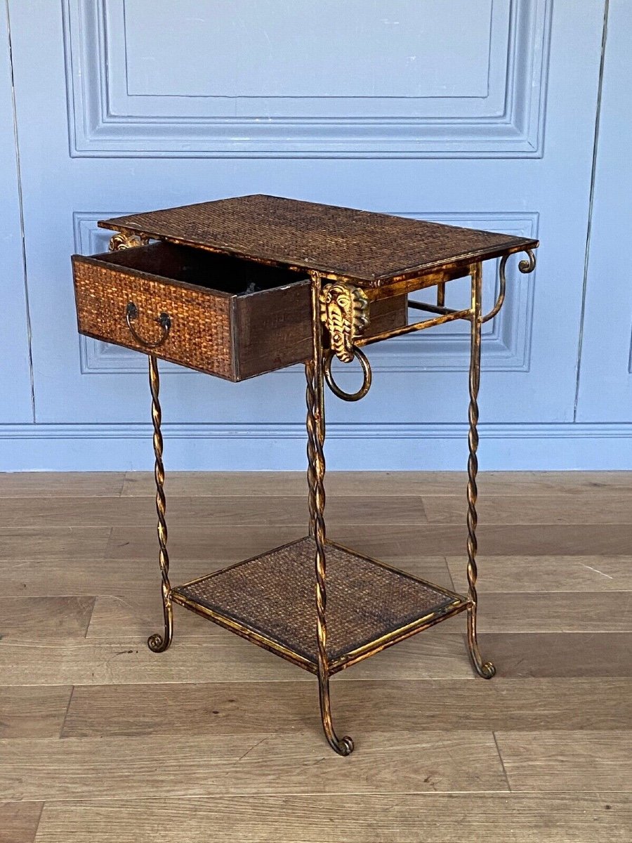 Small Rattan And Gilded Metal Piece Of Furniture With Elephant Decor, 1970, One Drawer-photo-3