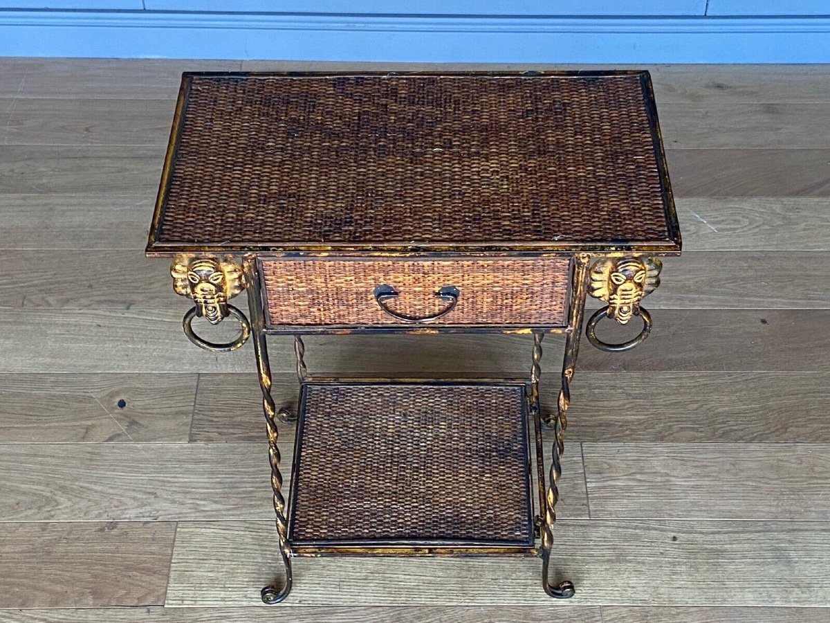 Small Rattan And Gilded Metal Piece Of Furniture With Elephant Decor, 1970, One Drawer-photo-4