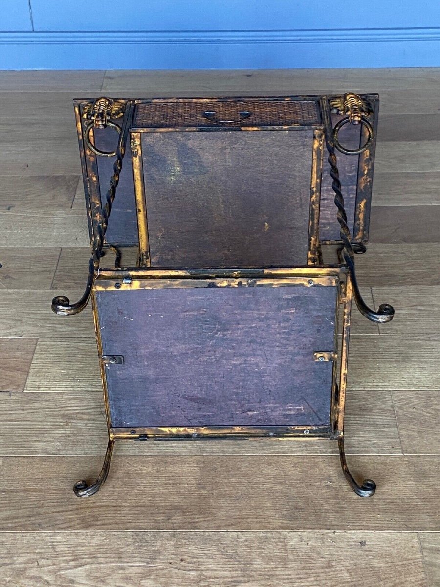 Small Rattan And Gilded Metal Piece Of Furniture With Elephant Decor, 1970, One Drawer-photo-5