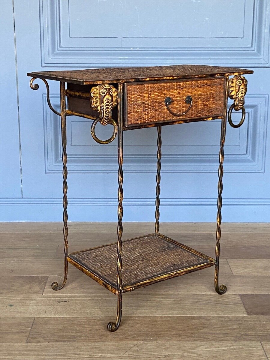 Small Rattan And Gilded Metal Piece Of Furniture With Elephant Decor, 1970, One Drawer