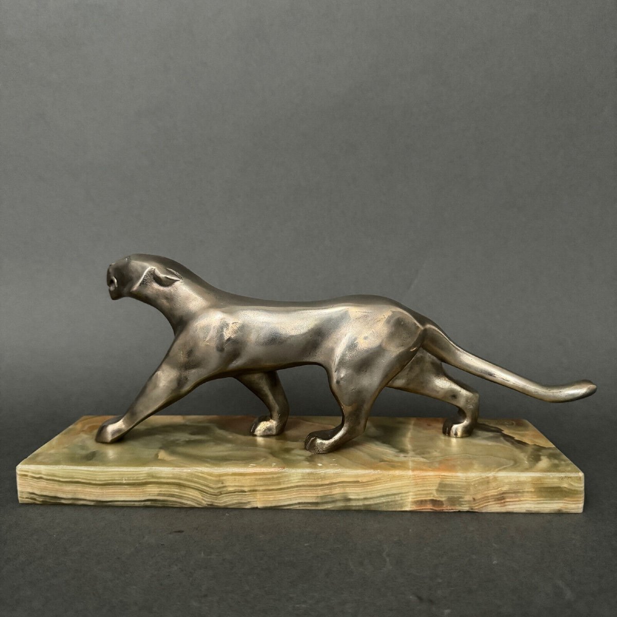 Art Deco Panther In Silvered Bronze By Michel Découx On Onyx Base-photo-2