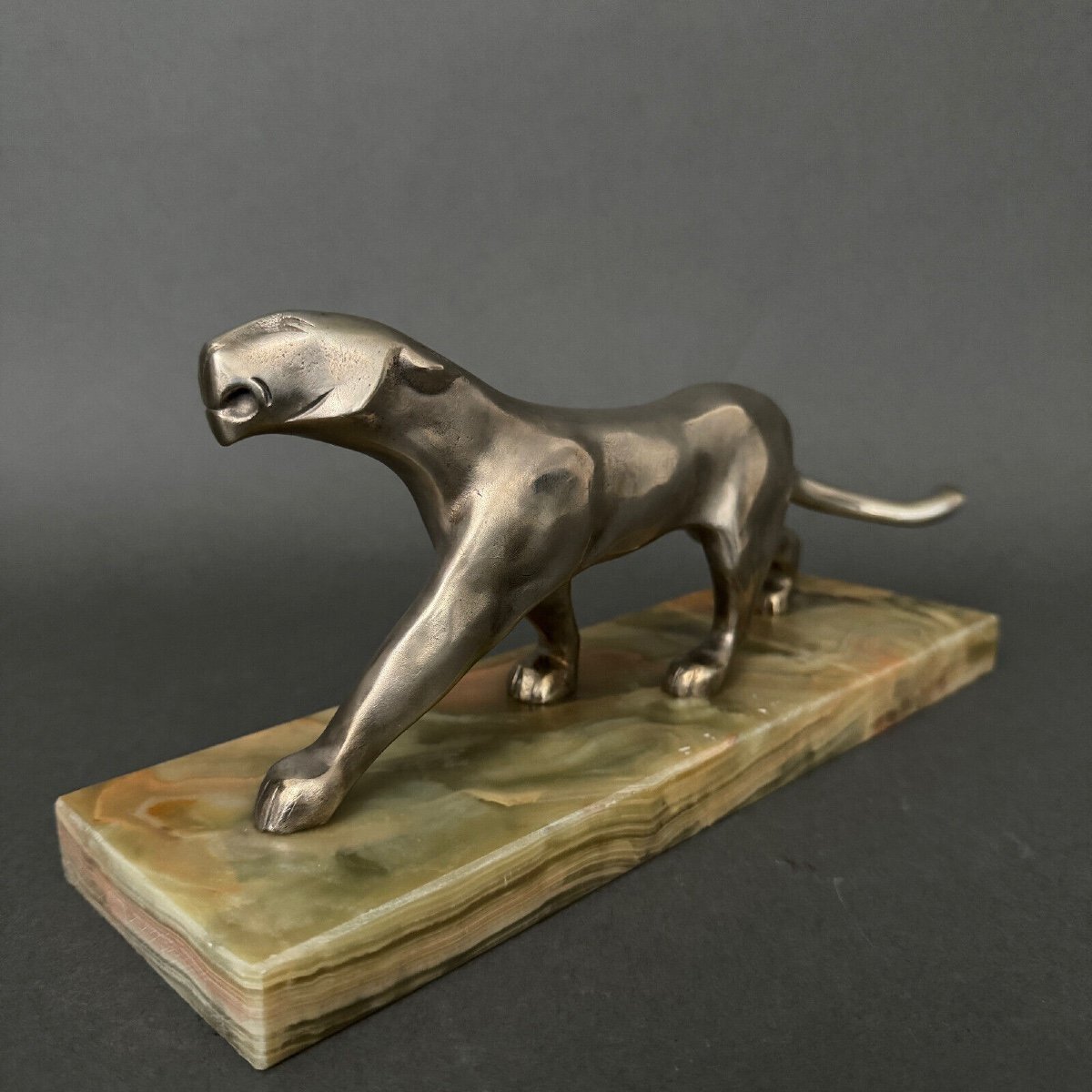 Art Deco Panther In Silvered Bronze By Michel Découx On Onyx Base-photo-3